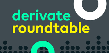 Kleine schwarze Punkte bilden eine stilisierte Aktienkurve. Darüber steht in grüner und gelber Schrift 'derivate roundtable'.